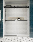 Front view of 60 x 76 double sliding shower doors frameless design with matte black hardware in a modern white subway tile bathroom | Ace Decor