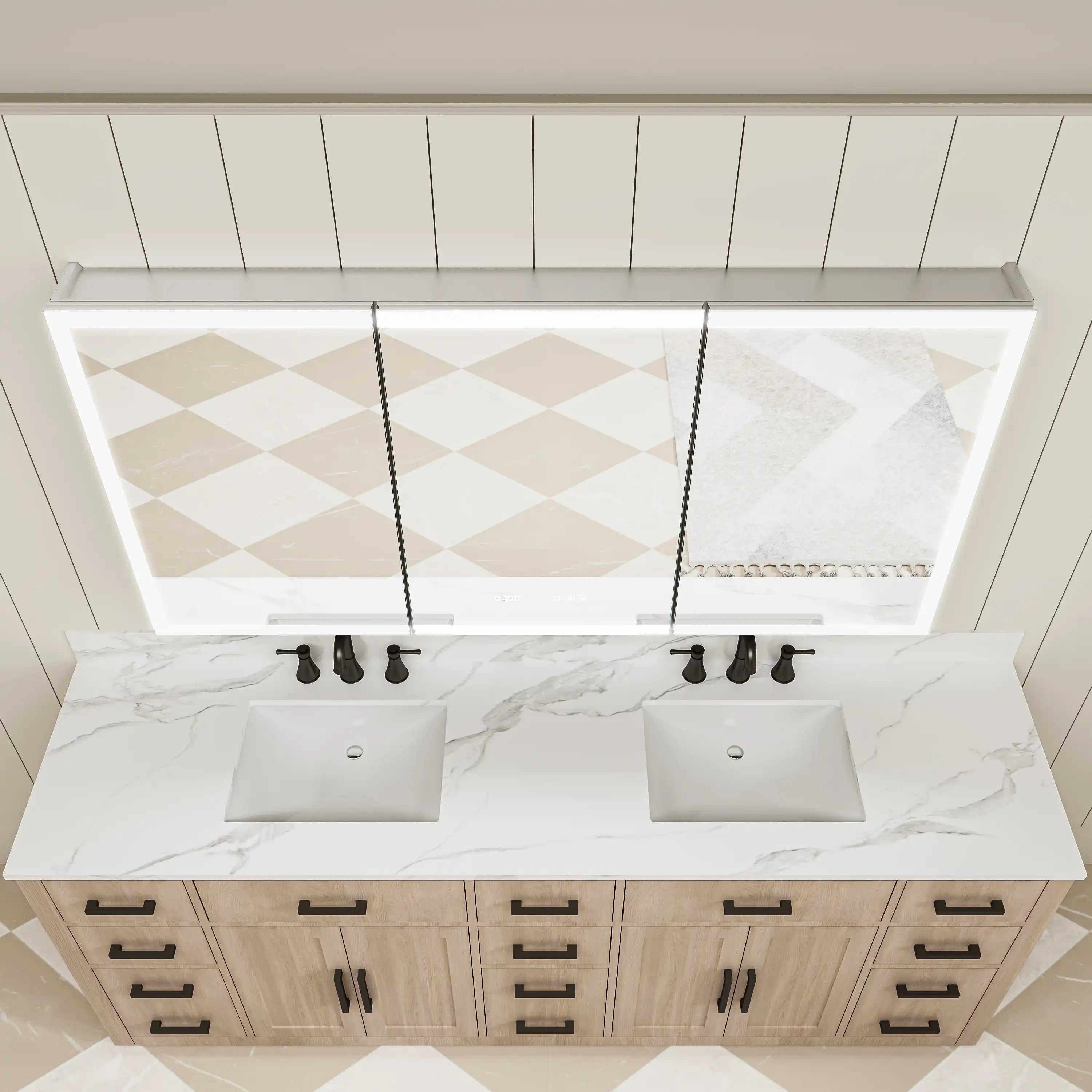 Three-door medicine cabinet top view with LED lights on
