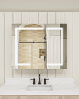 Pro Shower 36x30 Rectangular Silver LED Medicine Cabinet with lighting in a modern bathroom.