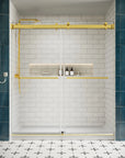 72 x 76 gold shower door sliding front view showing frameless design with brushed gold hardware in a modern bathroom | Ace Decor