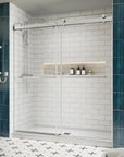 Side view of 72 x 76 chrome frameless shower door sliding design with sleek handles in a modern white subway tile bathroom | Ace Decor