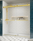 72 x 76 gold shower door sliding side view showing frameless design with brushed gold hardware in a modern bathroom | Ace Decor