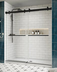 Side view of 72 x 76 matte black sliding shower door with frameless design and modern hardware in a white subway tile bathroom | Ace Decor