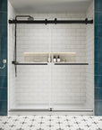 Front view of 72 x 76 matte black sliding shower door with frameless design and modern hardware in a white subway tile bathroom | Ace Decor