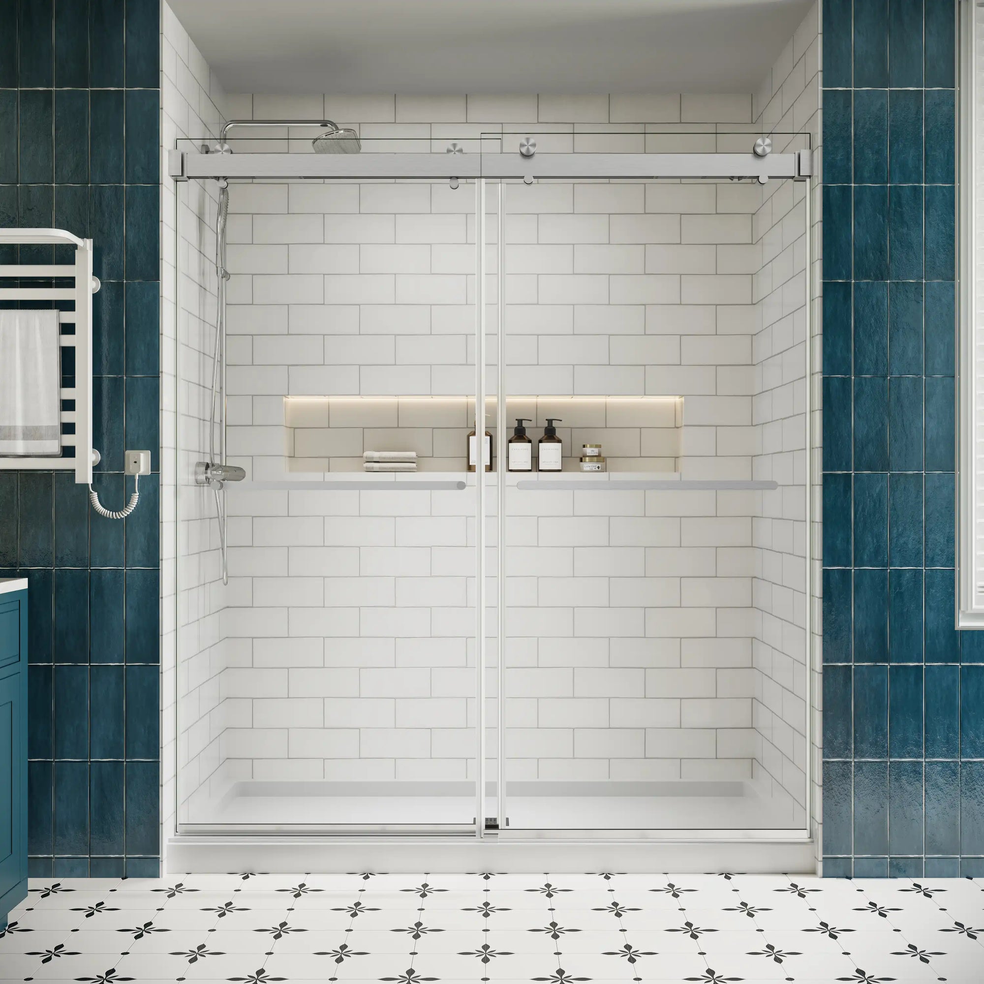 72 x 76 brushed nickel shower doors frameless front view showcasing modern minimalist bathroom design | Ace Decor