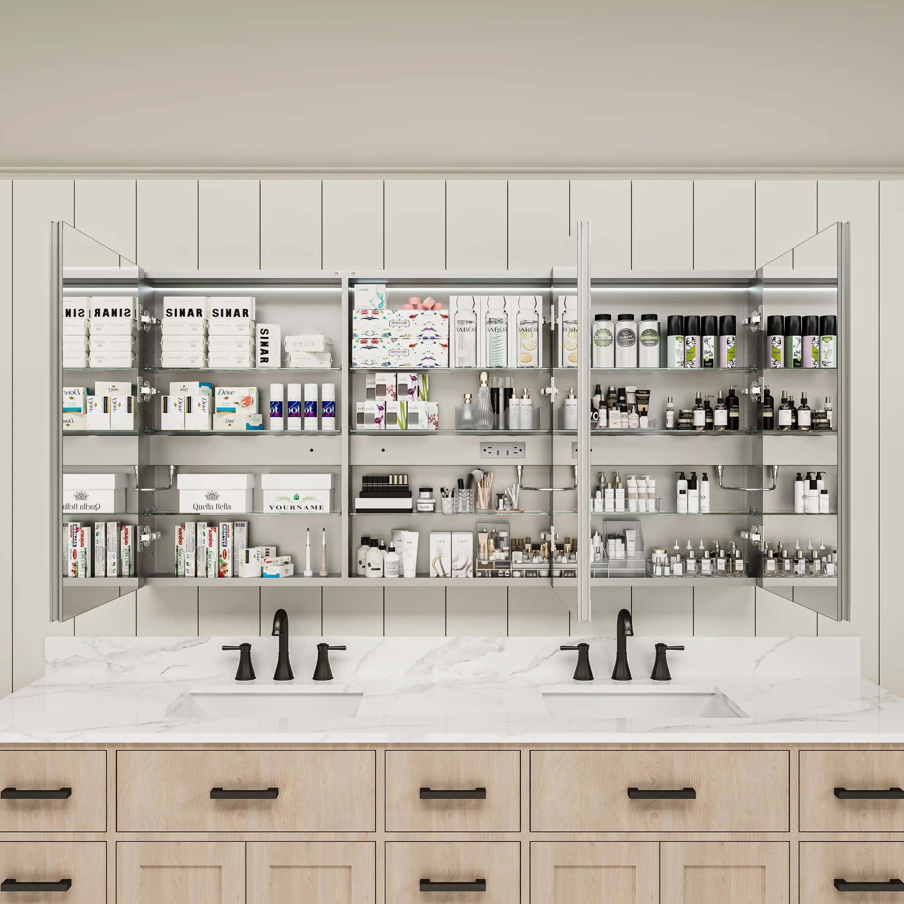 LED lighted medicine cabinet with three doors, front open view.