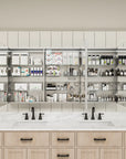 LED lighted medicine cabinet with three doors, front open view.