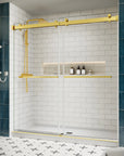 Side view of 76 x 76 double sliding shower door with clear tempered glass and brushed gold hardware in a modern bathroom | Ace Decor