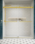 Front view of 76 x 76 double sliding shower door with clear tempered glass and brushed gold hardware in a modern bathroom | Ace Decor