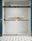 Front view of 76 x 76 frameless double sliding shower door with matte black hardware in a modern white subway tile bathroom | Ace Decor