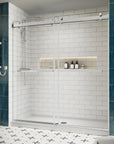 Side view of 76 x 76 chrome sliding shower doors for walk-in shower with frameless design and modern chrome hardware | Ace Decor