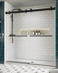 Side view of 76 x 76 frameless double sliding shower door with matte black hardware in a modern white subway tile bathroom | Ace Decor