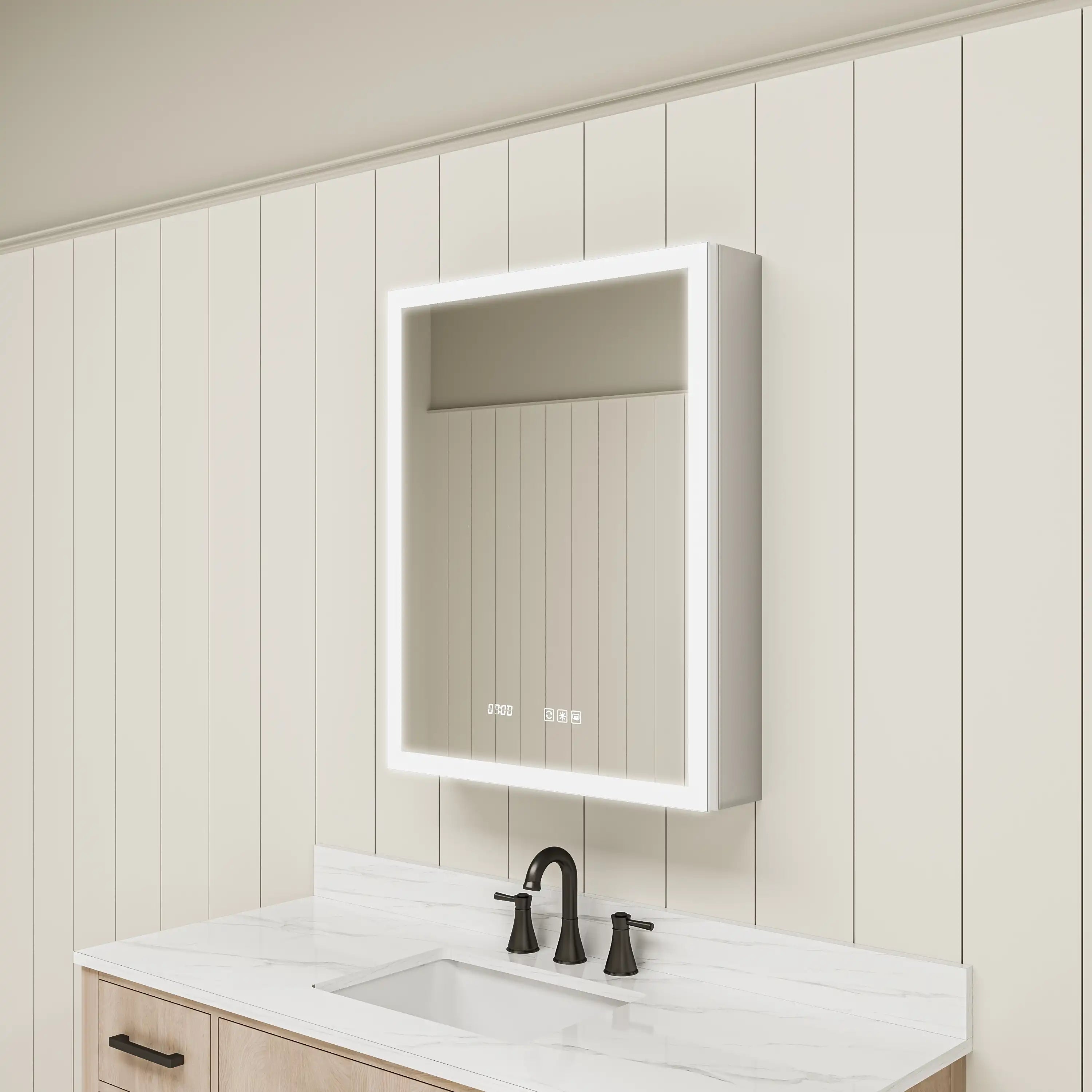 Angled view of LED medicine cabinet mirror above sink.