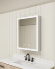 Angled view of LED medicine cabinet mirror above sink.