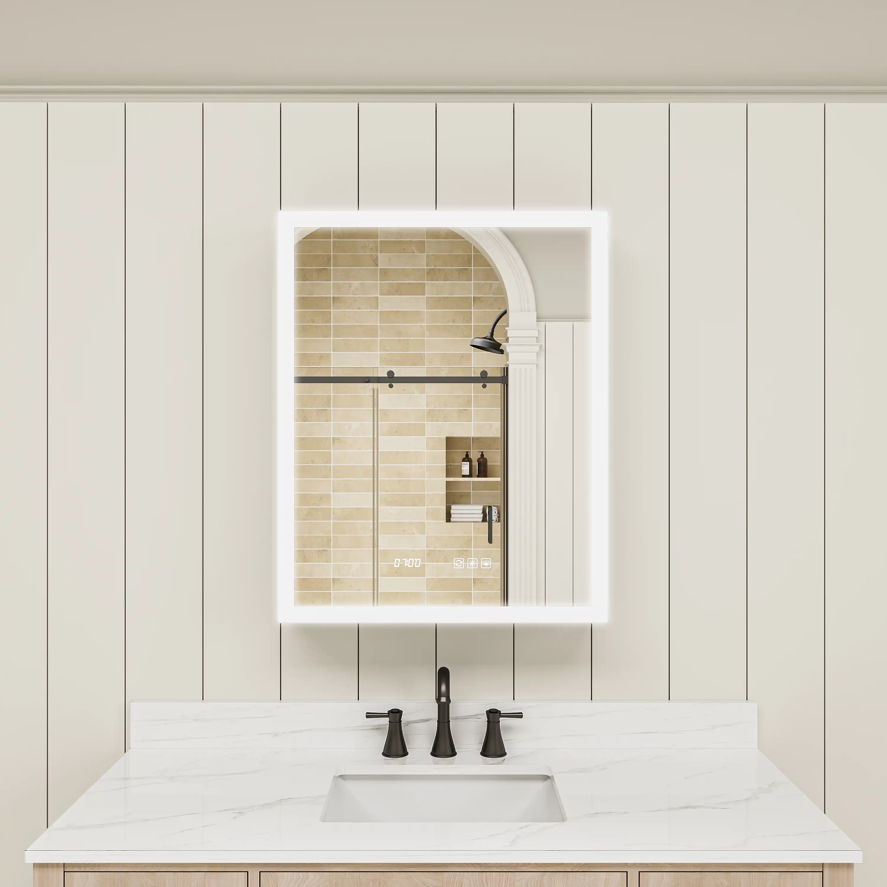 Front view of LED medicine cabinet mirror above sink.