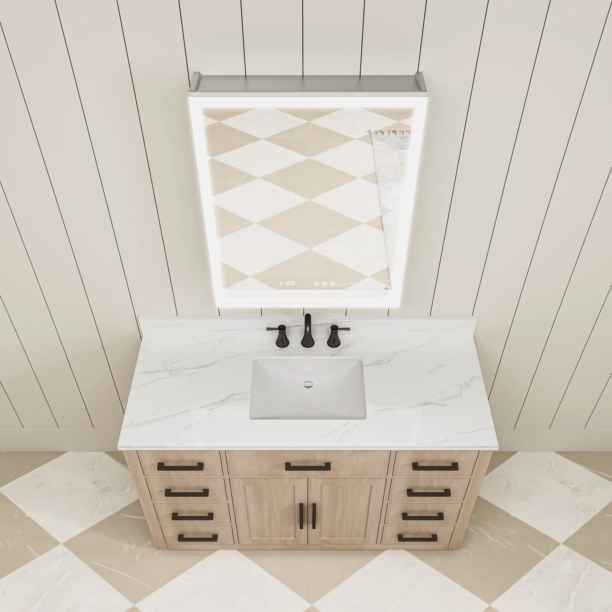 Top view of LED medicine cabinet mirror over vanity.