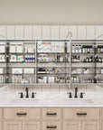 Frontview of Pro Shower 48x30/60x30 LED Medicine Cabinet open and organized with toiletries inside.