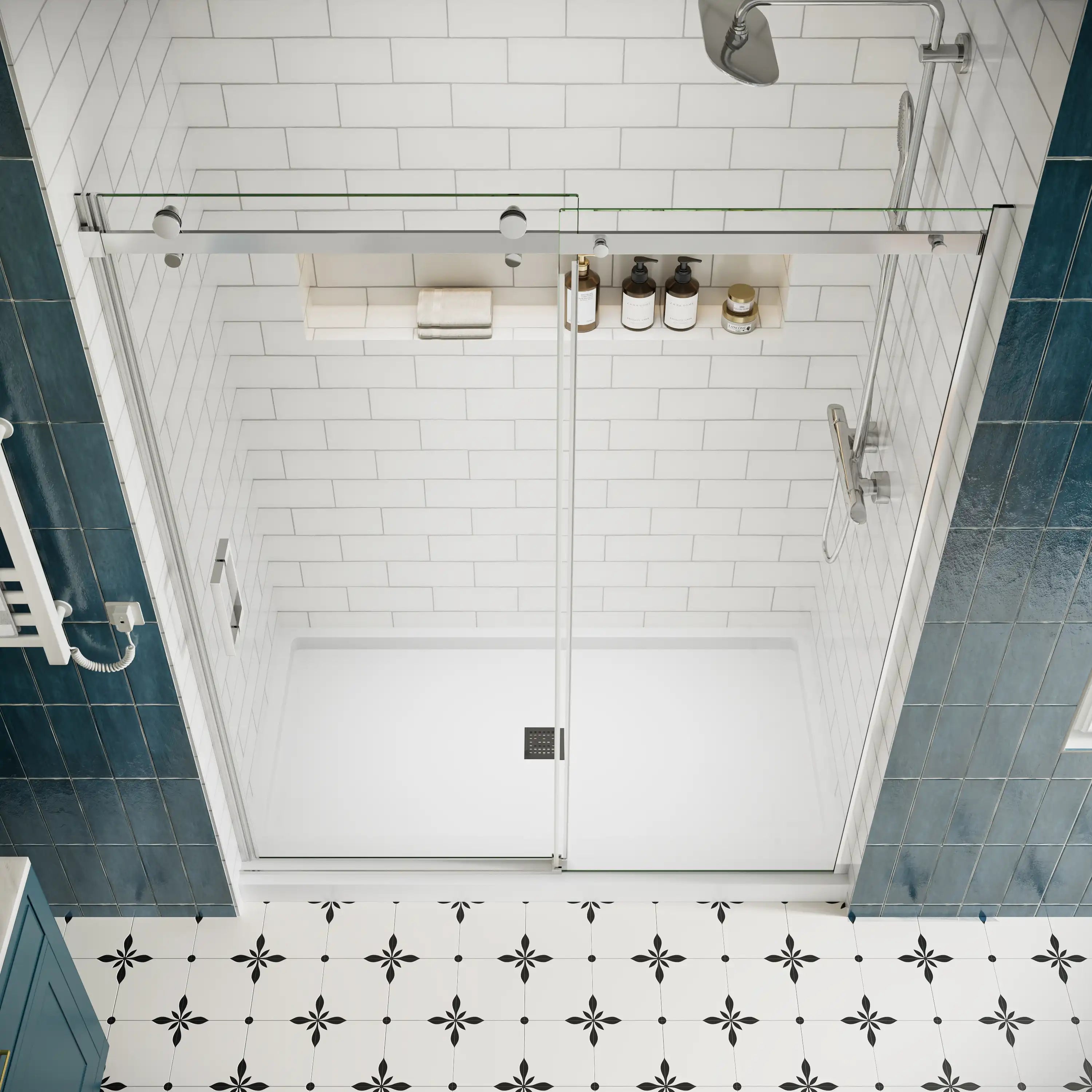 Shower door sliding frameless, size 60 x 74 inches, chrome finish, top view | Ace Decor