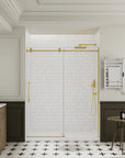 Gold frameless shower door in a subway-tile bathroom, shown in a 60 x 74 size | Ace Decor
