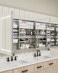 Pro Shower 48x30/60x30 LED Medicine Cabinet open with shelves fully stocked with bathroom essentials.