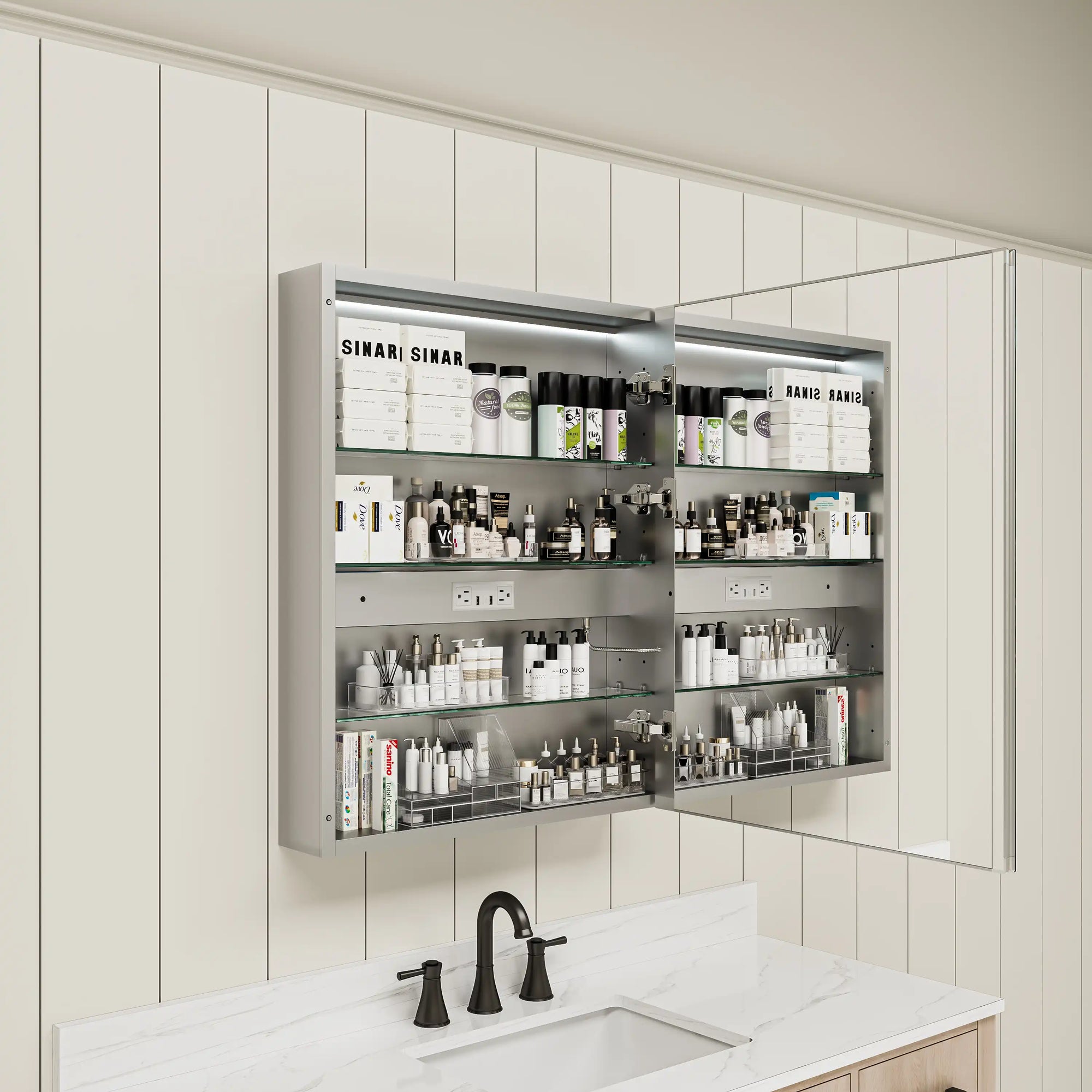 Angled view of Pro Shower 24x30 LED Medicine Cabinet open.