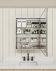 Pro Shower 24x30 LED Medicine Cabinet open with shelves fully stocked with bathroom essentials.