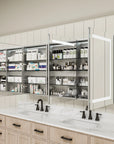Pro Shower 48x30/60x30 LED Medicine Cabinet open with shelves fully stocked with bathroom essentials.