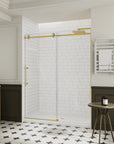 Side view of a 60 x 74 gold frameless shower door styled in a modern white subway-tile shower | Ace Decor