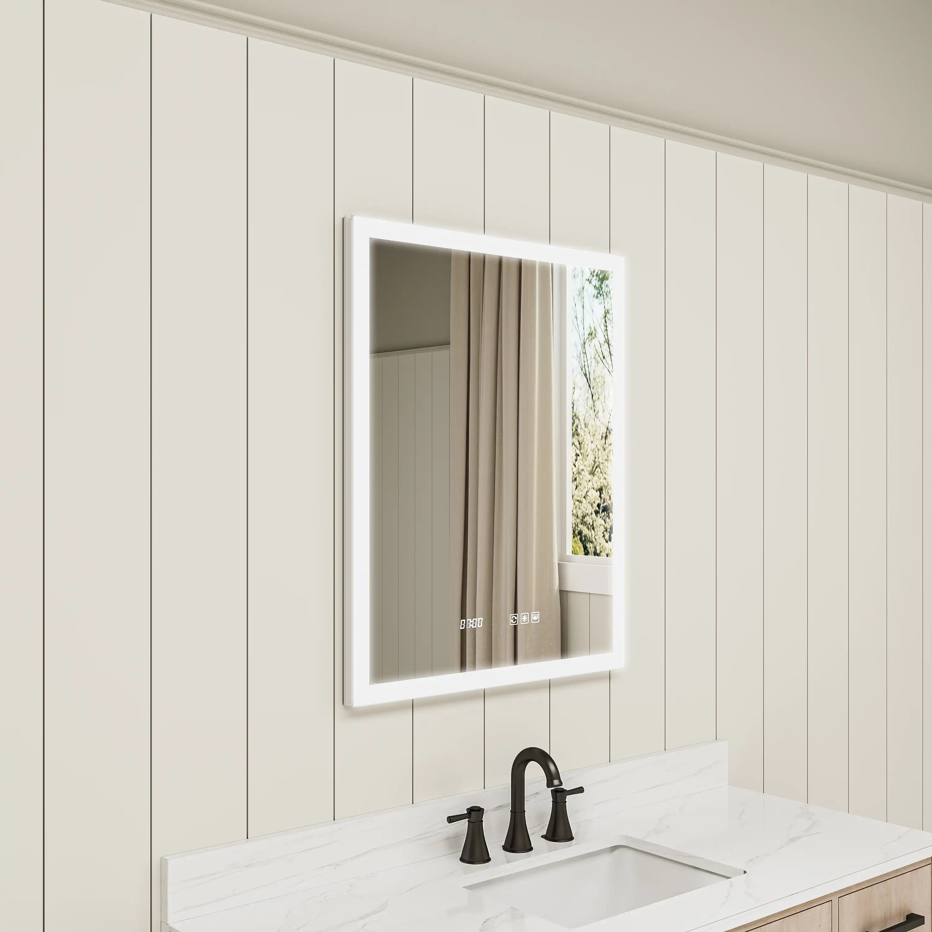 Side view of LED medicine cabinet mirror with wall mount.