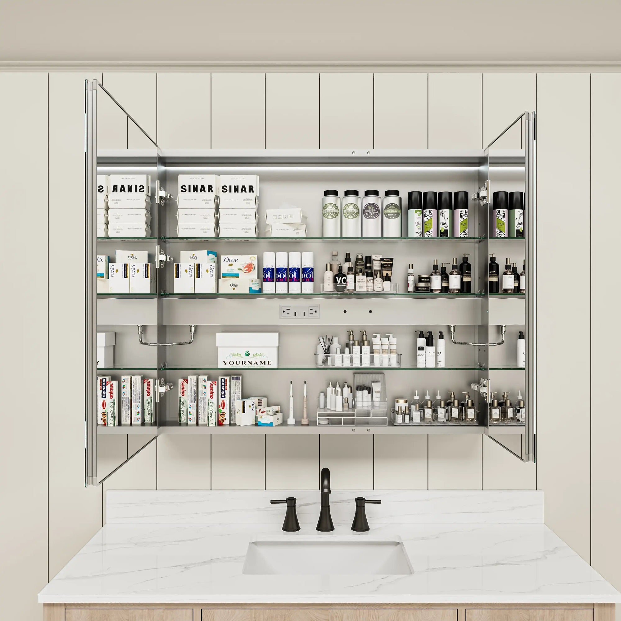 Pro Shower 36x30 LED Medicine Cabinet with door open.
