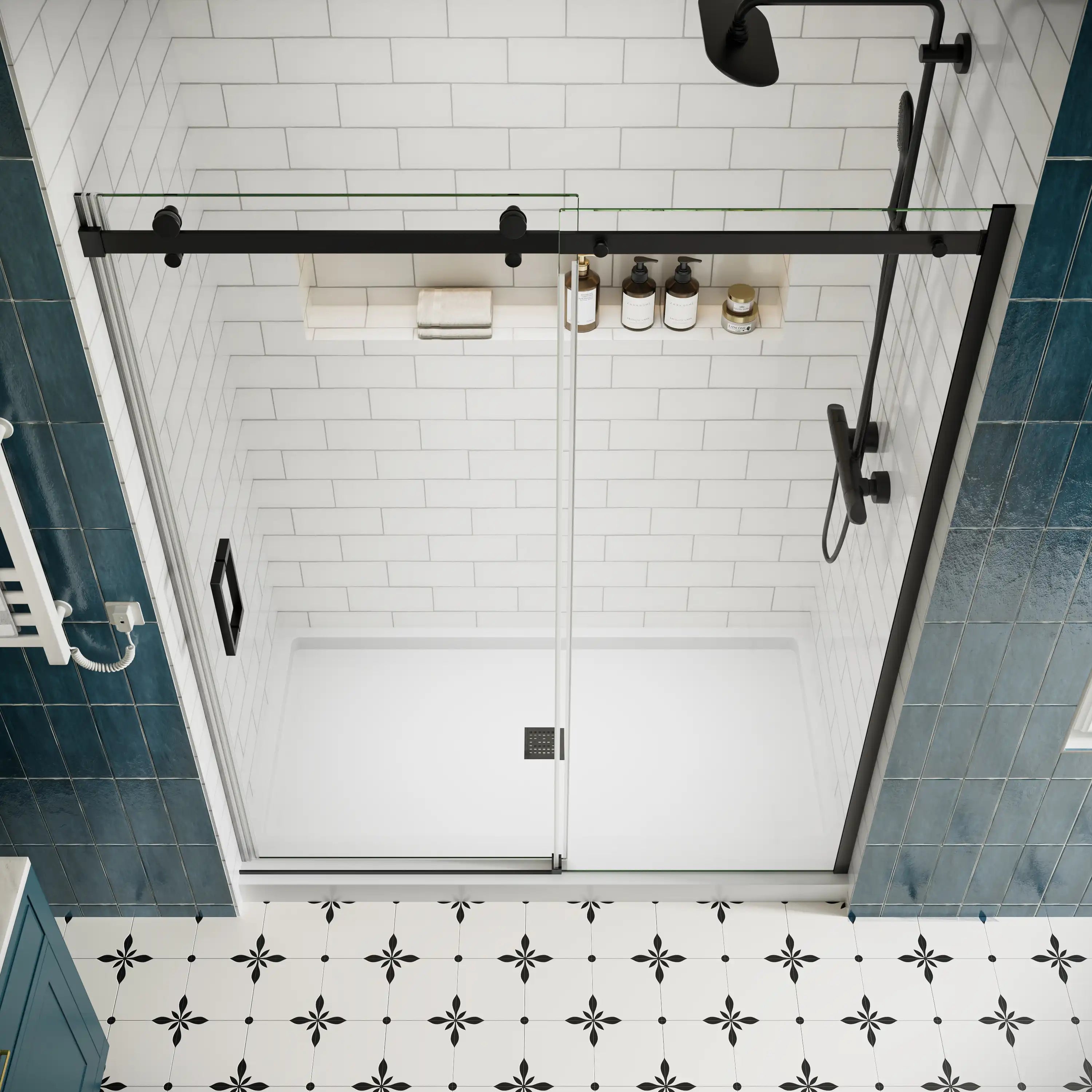 Top view of shower door sliding frameless, 60 x 74 inches, with black track and clear tempered glass panels | Ace Decor