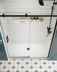 Top view of shower door sliding frameless, 60 x 74 inches, with black track and clear tempered glass panels | Ace Decor