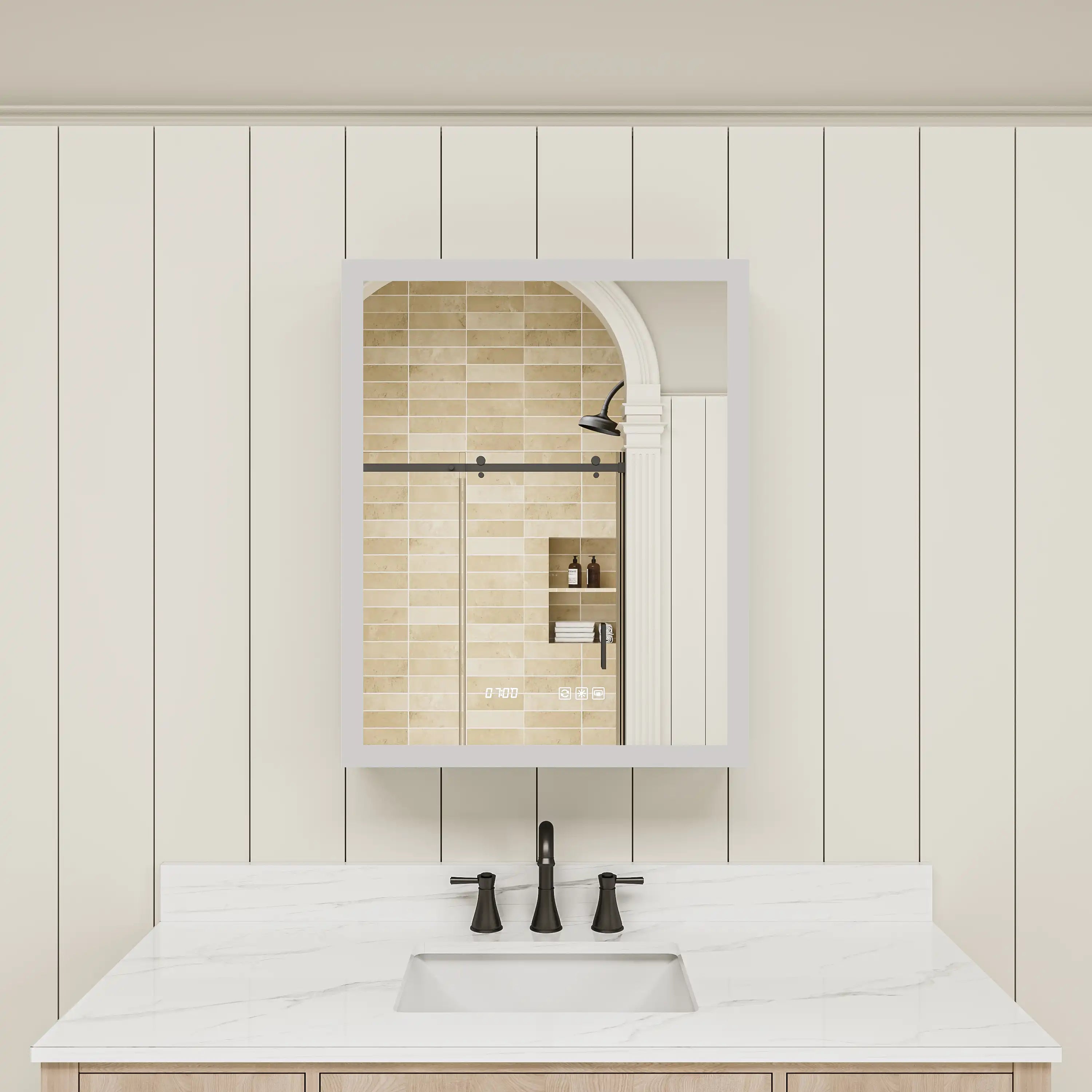 Front view of medicine cabinet mirror with lights off.