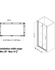 Technical diagram of 30 inch shower door showing 30 x 72 dimensions and adjustable 30–31 3/8 inch width | Ace Decor