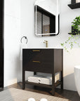 30" black vanity bathroom styled in modern space, freestanding cabinet with storage | Ace Decor
