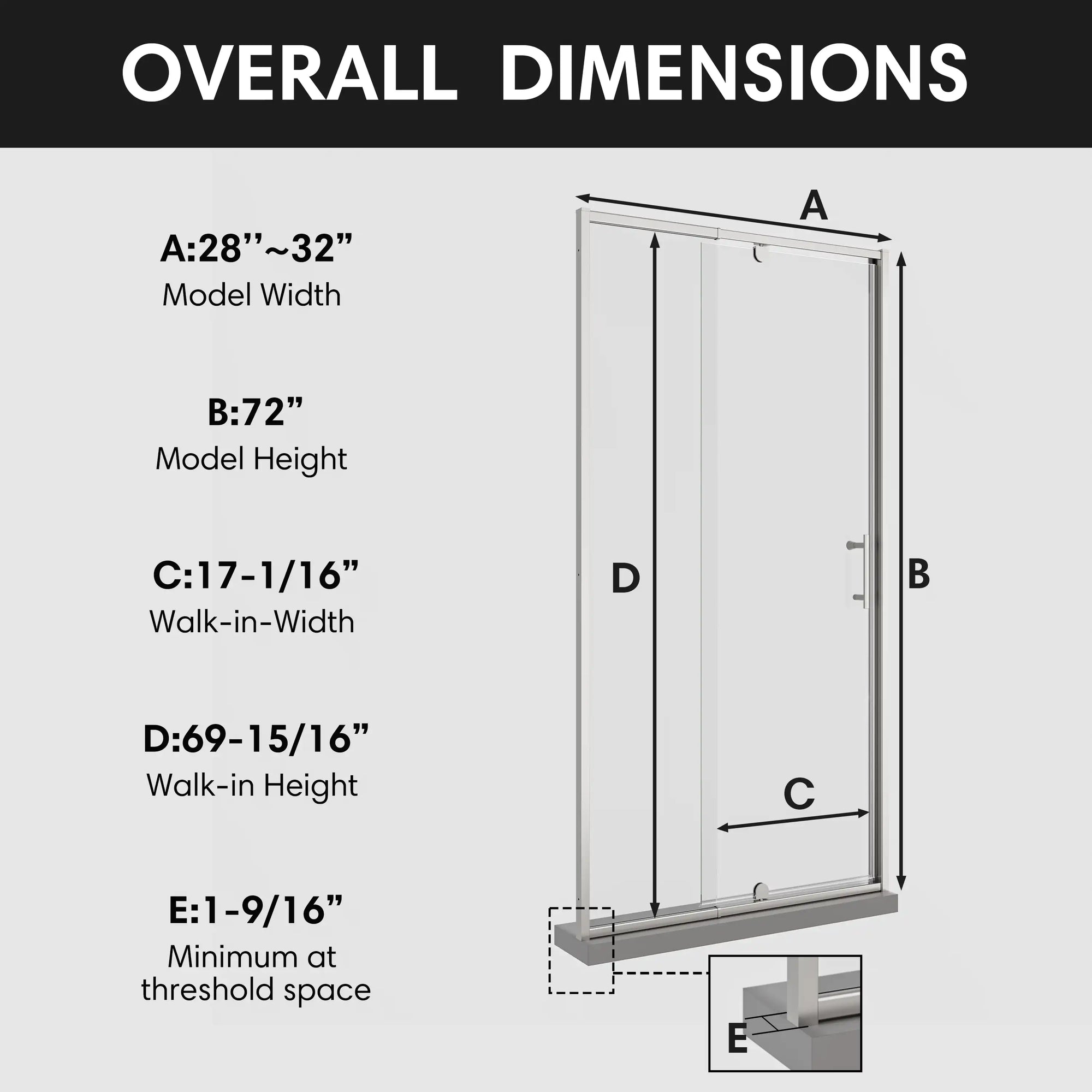 Overall dimensions chart of framed 32 inch shower door with pivot hinge, size 32 x 72 | Ace Decor