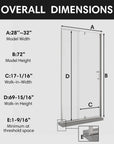 Overall dimensions chart of framed 32 inch shower door with pivot hinge, size 32 x 72 | Ace Decor