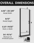 Overall dimensions of the 32"W x 72"H semi-frameless pivot shower door.
