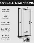 Overall dimensions of framed watertight shower enclosures, model size 32 x 72 with labeled width, height, walk-in width, and walk-in height | Ace Decor