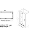 34 x 72 small glass shower door installation diagram showing adjustable width | Ace Decor