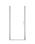 Chrome semi-frameless pivot shower door with clear tempered glass.