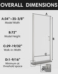 Model dimensions of 34x72 semi-frameless pivot shower door with height, width, and entry measurements.