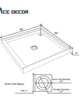 Dimensions diagram of the Alcova Series 36" square SMC non-slip shower base.