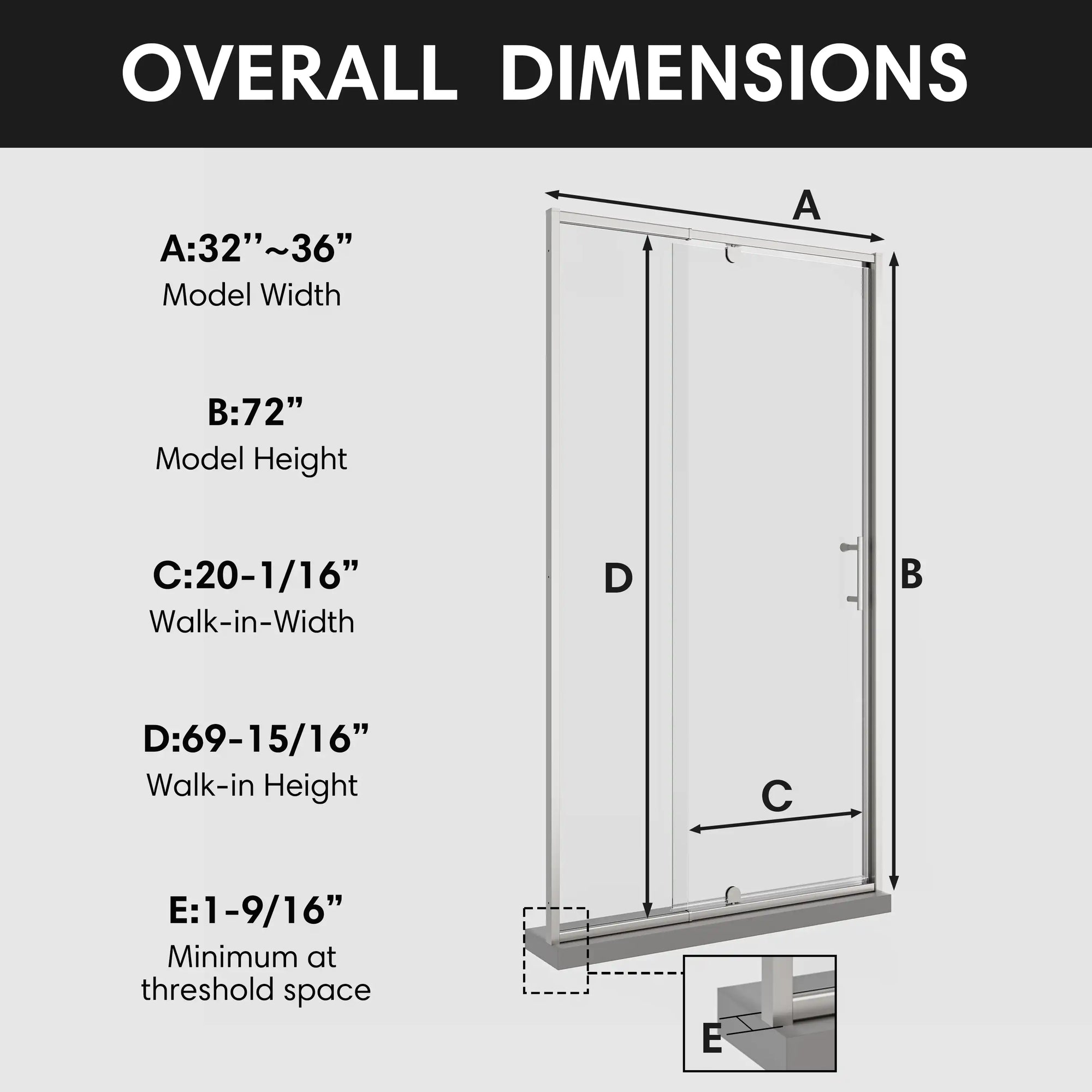 Overall dimensions of 36 x 72 pivot shower door with adjustable width, walk-in measurements, and threshold clearance | Ace Decor