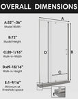 Overall dimensions of 36 x 72 pivot shower door with adjustable width, walk-in measurements, and threshold clearance | Ace Decor