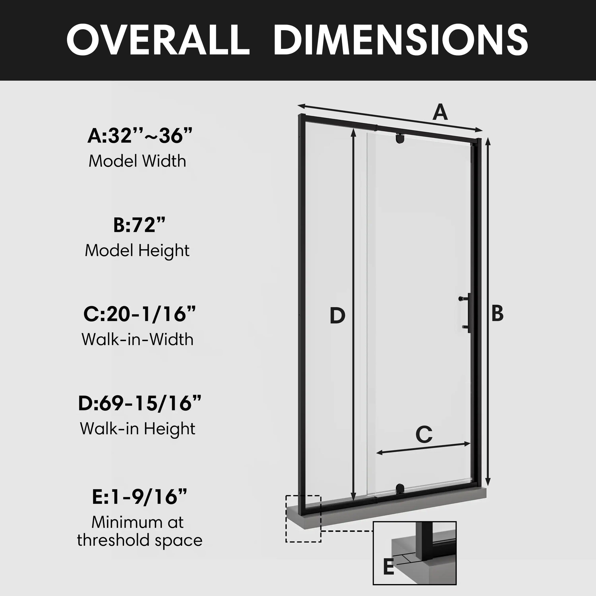 Overall dimensions of 36 x 72 36 pivot shower door with adjustable width and walk-in measurements | Ace Decor
