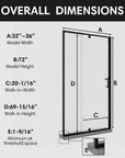 Overall dimensions of 36 x 72 36 pivot shower door with adjustable width and walk-in measurements | Ace Decor