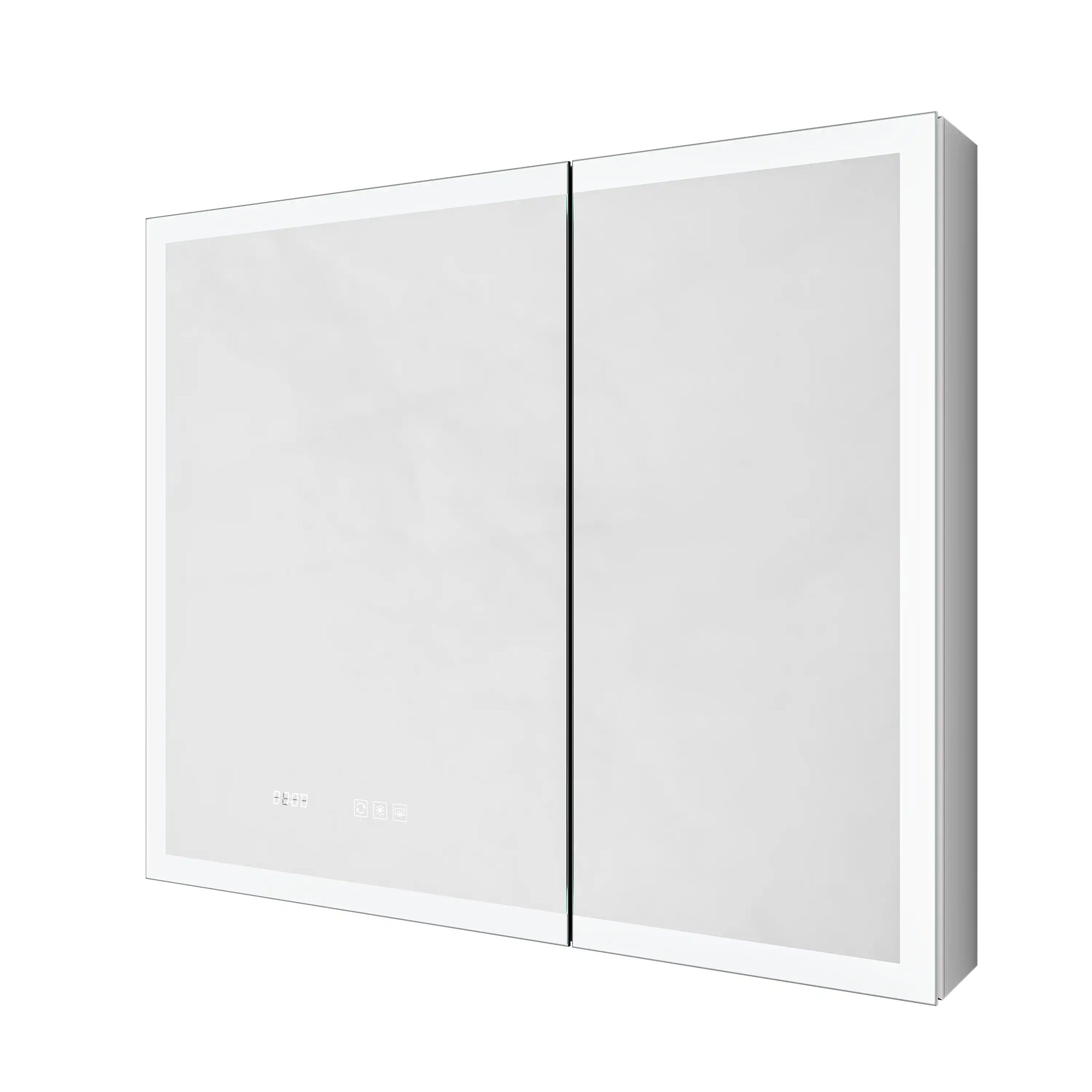 Double-door LED medicine cabinet, closed view.