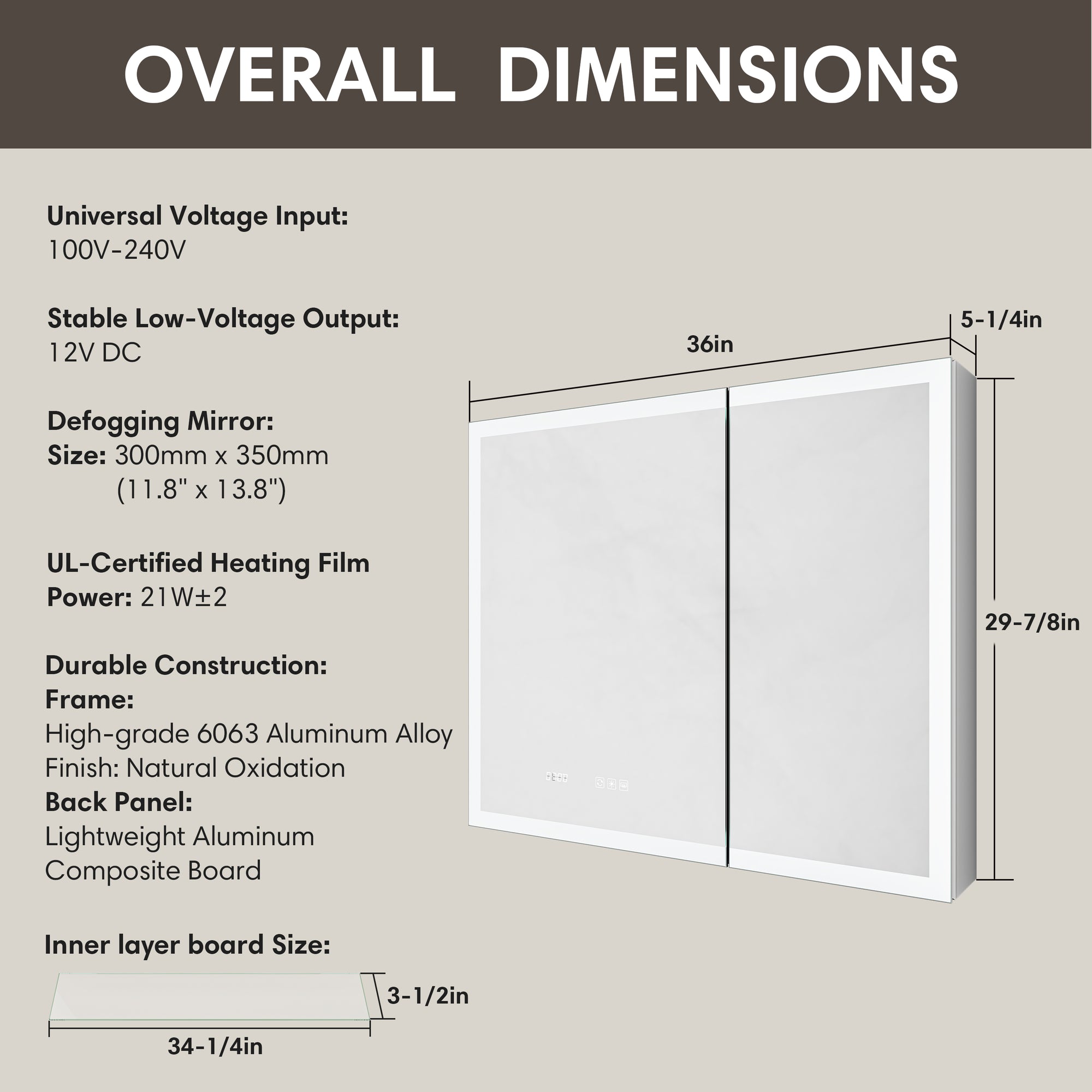 Overall dimensions diagram of double door LED medicine cabinet with size and material specifications.