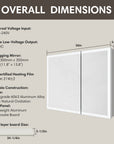 Overall dimensions diagram of double door LED medicine cabinet with size and material specifications.